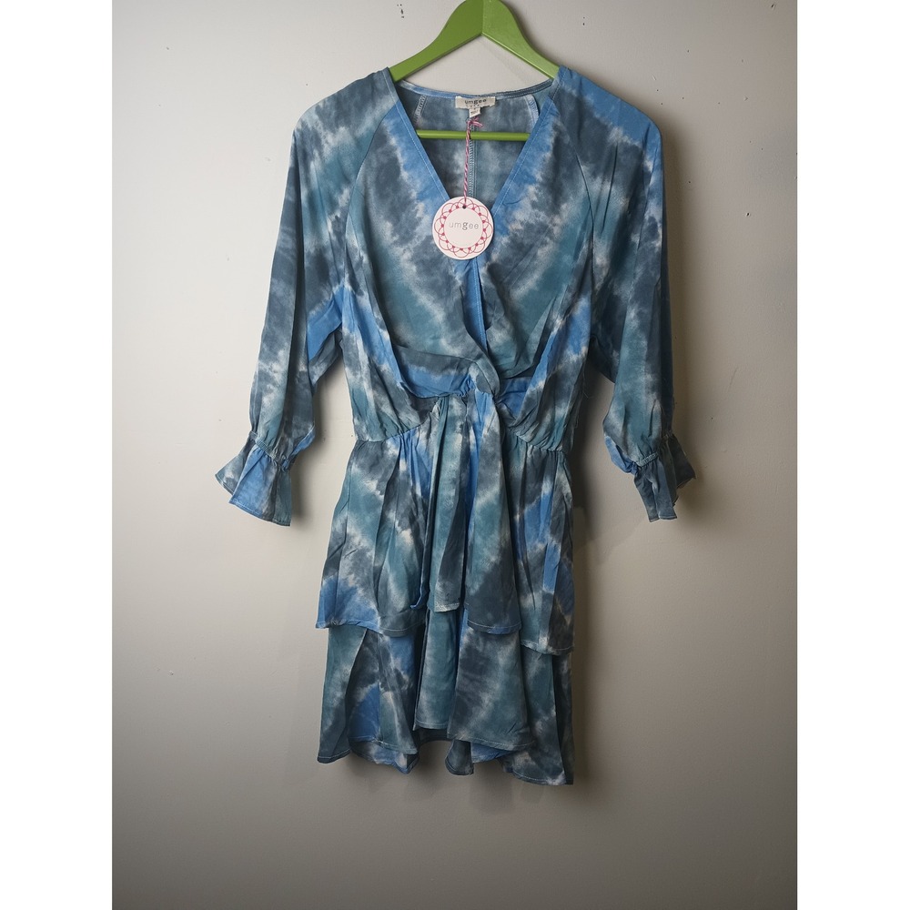 Umgee USA Blue Tie Dye Twist Front Tiered Ruffle Mini Dress A6237 Small